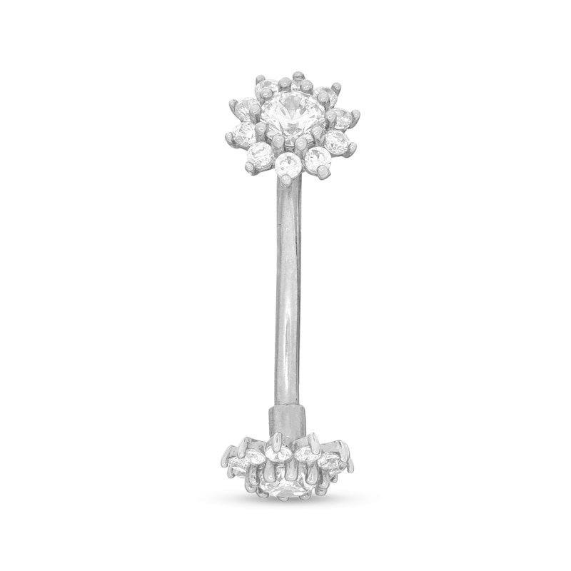 Main Image 1 of 10K Solid White Gold CZ Double Flower Belly Button Ring - 16G 3/8&quot;