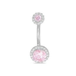 10K Solid White Gold Pink and White CZ Frame Belly Button Ring - 14G 3/8&quot;