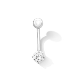 10K Semi-Solid White Gold CZ Solitaire Short Curve Belly Button Ring - 14G 3/8&quot;